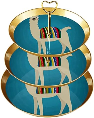 Bolo Stand Conjunto de 3 cupcakes de camada Stands Plates de pastelaria reutilizáveis ​​para decorações de festas de chá de aniversário de casamento, desenho animado de alpaca