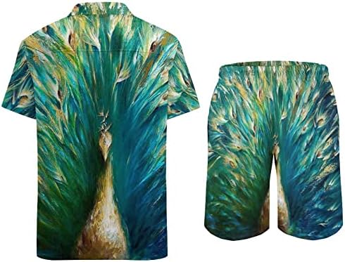 Aquarela Green Peacock Men's 2 Pieces Roupfits Button Hawaiian Camisa de manga curta e ternos de shorts