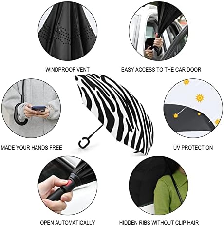 Zebra Print Inverted Umbrella no guarda-chuva dobrável à prova de vento com alça em forma de C para homens mulheres