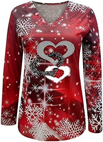 Camisas de Natal para Mulheres Snowflake Heart Graphic Casual Manga Longa Pullover Top Top Lowead de Jolas de Neck em V