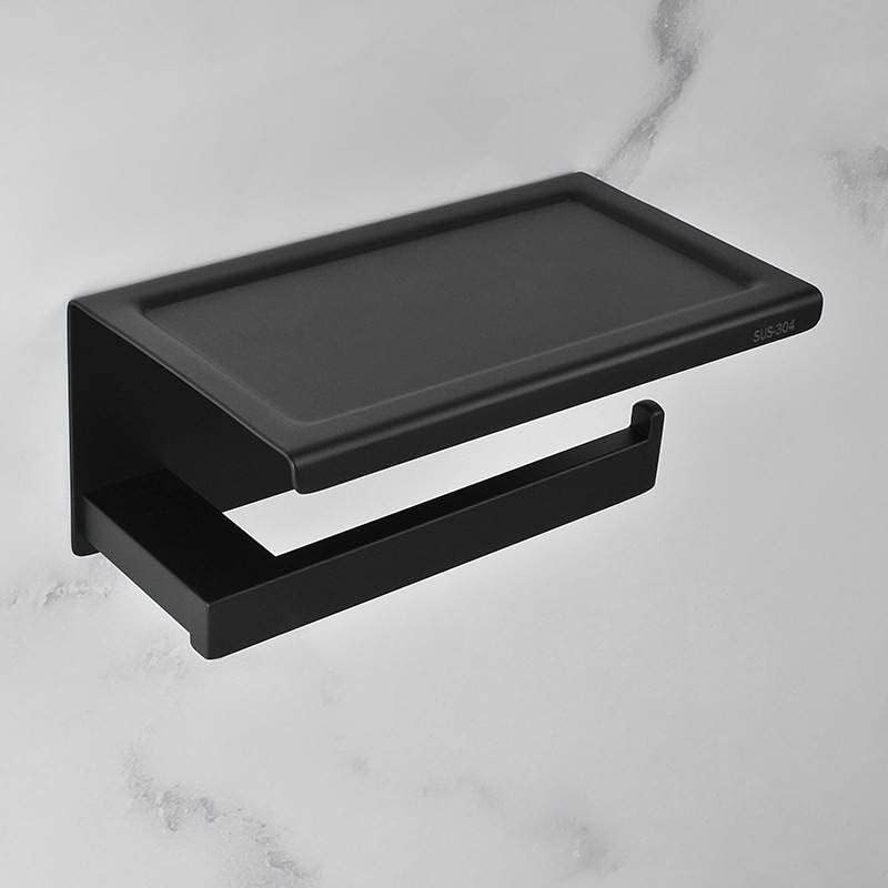 Suporte de papel higiênico preto fosco moderno com prateleira para banheiro - montagem de parede com parafusos