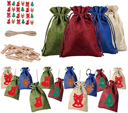 Sacos de embrulho de presente de hemóton 24 set de Natal do advento do advento Bolsas de presente de preços de madeira PEGS