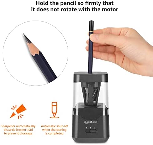 Basics Portable Electric Pencil Sharpner, lâmina helicoidal, parada automática, cordão de bateria/USB operado