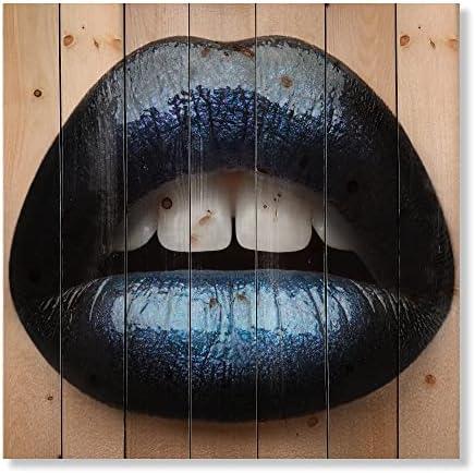 Designq Lábios da mulher com batom preto e azul Moderno e contemporâneo decoração de parede de madeira, arte azul de parede de madeira,