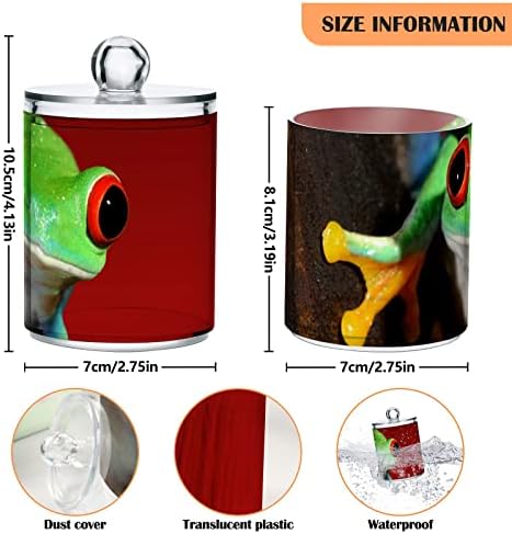 Yyzzh Frog Tropical Jungal Animal em Red 4 Pack Pack Qtip Dispenser para algodão Swab Ball Round Pads Floss 10 oz Jarço de boticário Conjunto para organizador de maquiagem de armazenamento de banheiro Organizador