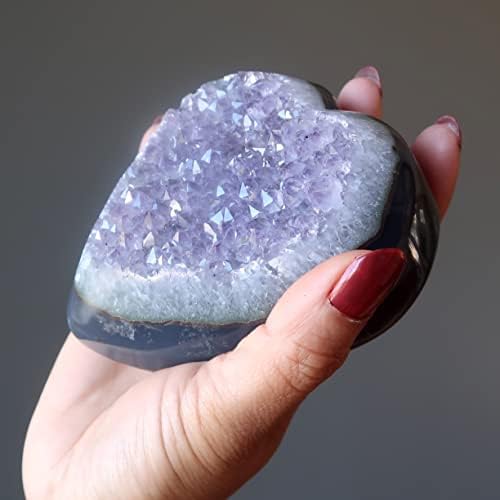 Cristais de cetim Amethyst Heart Lilac Love Crystal Cluster Geode Stone 3,5-3,75 polegadas