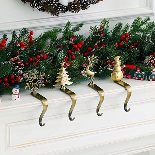 Holder de meia de Natal - Conjunto de 4 cabides de meia Snowman Snowflakes Snowflakes Árvore de Natal Deer Ganchos de meia Decoração de Natal para lareira, prateleira, escadas