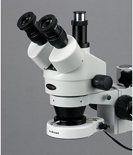 AMSCOPE SM-3TZ-80S Microscópio de zoom estéreo trinocular profissional, oculares WH10X, ampliação de 3,5x-90x, objetivo do zoom de 0,7x-4,5x, luz do anel LED de 80-bulb, suporte de boom de braço único, 90V-265V, inclui 0,5x e 0,5x e 2.0x lentes Barlow