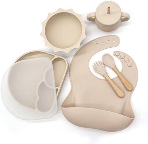 Conjunto de presentes de alimentação de silicone de Ariari para bebês e crianças pequenas - babador ajustável/tigela/placa dividida/copo/palha com canudinho