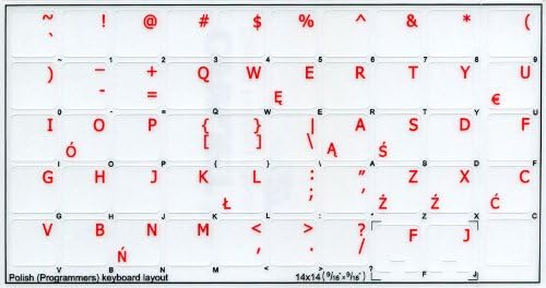 Layout de etiquetas de teclado do programador polonês em fundo transparente com letras azuis, laranja, vermelha, branca ou