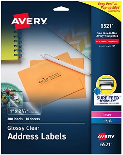 Avery 6521 Etiquetas de endereço cristalinas brilhantes e rótulos de endereço imprimíveis e fáceis com rótulos de feeds,