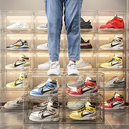 Caixas de armazenamento de sapatos Organizador de sapatos acrílico empilhável transparente para armário, recipientes de recipientes de tênis Bins Shoe recipientes com tampas, estampa de exibição de hangbag de tênis, montagem fácil, conjunto de 3, ajuste para tamanho 14