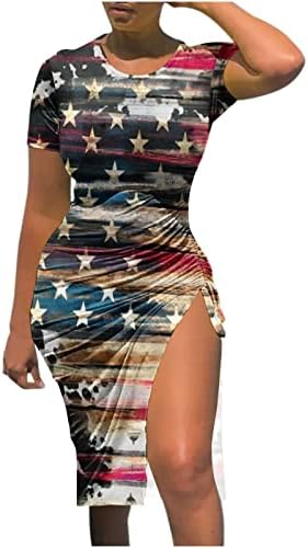 Vestido do Bodycon do Dia da Independência para Mulheres Manga Curta O Nástico Vestido de Mini Flag American Flag Flag Flor