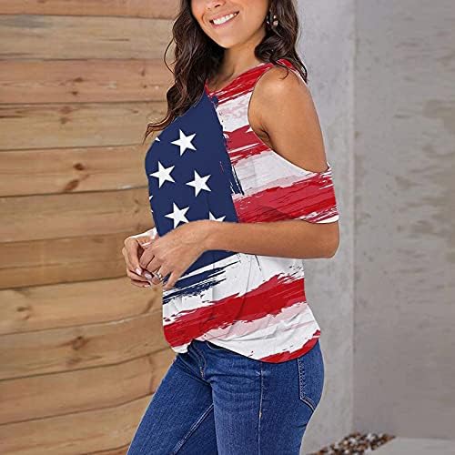 4 de julho camiseta camiseta para mulheres de manga curta Túnica de decote em víca de caça de bandeira americana listras