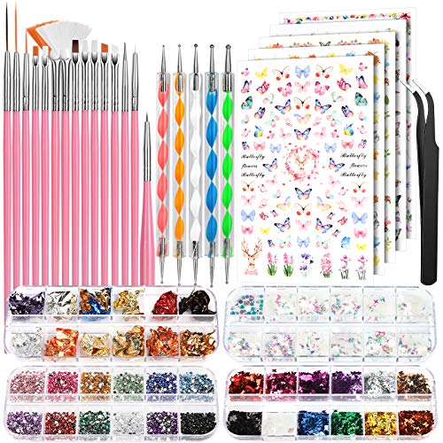 Brushes de arte na unha, kit de design de unhas Fandamei, canetas de pontapé de unhas, adesivos de unhas, lantejoulas de arte de borboleta, folhas de unhas, flocos de unhas iridescentes, strass para unhas