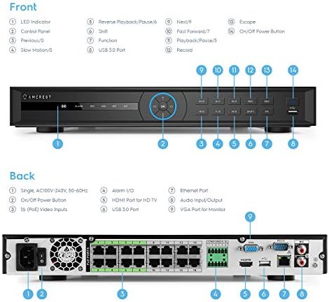 AMCREST 5SERIES 4K 32 CANAL 16 PORTS POE NVR REGORDADOR DE VÍDEO DE REDE NV5232E-16P com monitor de vigilância 24/7 de 22 polegadas 24/7