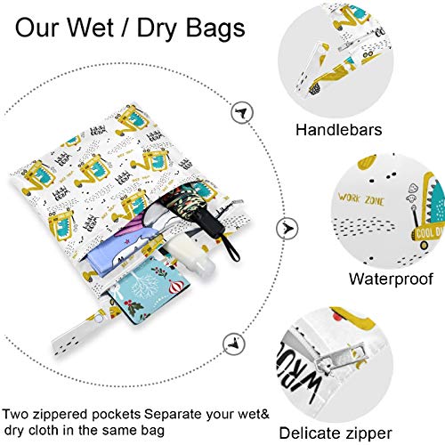 VISESUNNY DINO DIGLER 2PCS SACO molhado com bolsos com zíper lavandenável lavável para viajar, praia, piscina, creche, carrinho,