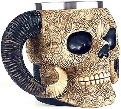 Caneca do crânio de guerreiro viking com revestimento de aço inoxidável, caneca de café com cerveja de caveira Ram Skull