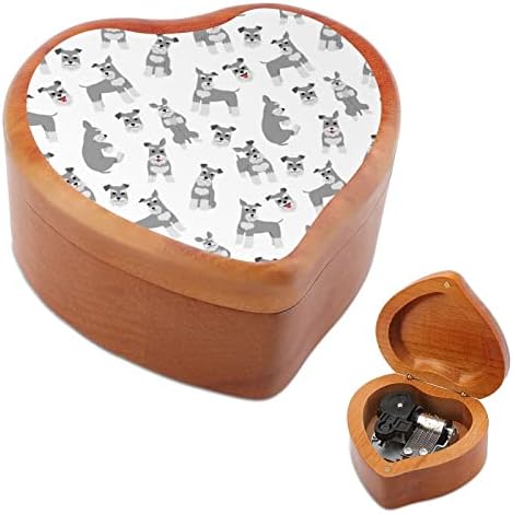Miniature Schnauzer Pattern Padrão vintage de madeira clockwork caixa musical box em forma de coração Gifts para amigos da família Lover