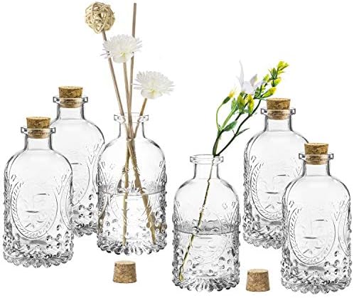 MyGift Design vintage Fleur de Lis Garrafas de vidro transparente com tampa de cortiça, vasos de botão de flores do farmetio, conjunto