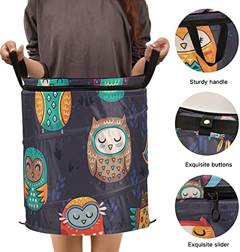 Indian Owl Pop Up Up Lavandery Turme com tampa de zíper cesta de roupa dobrável com alças Organizador de roupas de cesta de armazenamento colapsável para quarto de estudo da sala