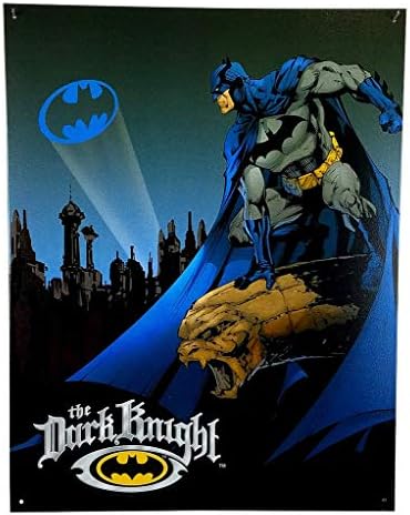 Impressões mais pacote Batman - Decor de sinal de lata retro do cavaleiro escuro - sinal de metal vintage completo com parafusos para suspense para exibir em seu bar, garagem ou restaurante [12,5 x16]