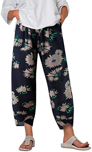 Calças de linho de algodão para mulheres, conforto casual de perna larga e larga ioga capris estampada floral calosco calça com bolsos