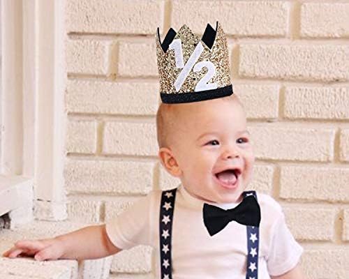 Waouh meio chapéu de aniversário para bebê - 1/2 de chapéu de coroa de aniversário, suporte de foto para bebê para aniversário de 6 meses, mini bolo de coroa esmagamento