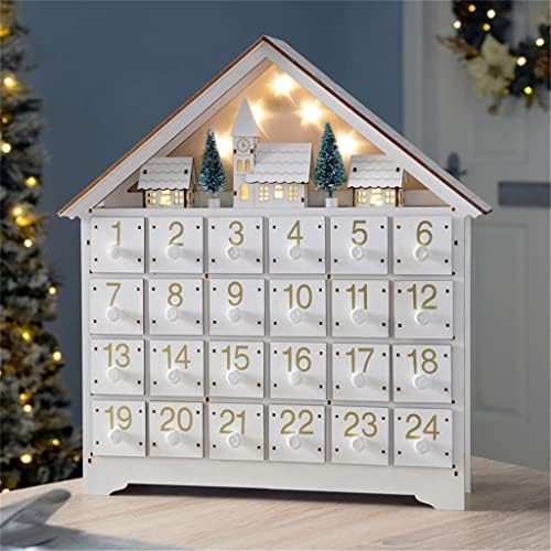 Nicheyfy Christmas LED Branco LED 24 dias O calendário de madeira do advento é operado por bateria 24 gavetas de armazenamento