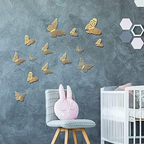 Senkary 72 peças Gold 3d Butterfly Wall Stickers Decorações de parede Decalques removíveis de papel metálico para casa de quarto