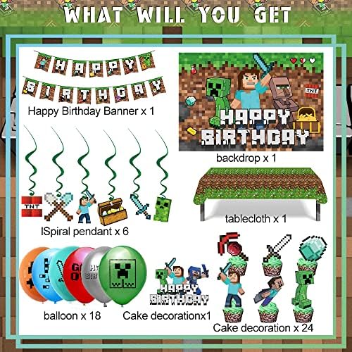 Pixel Birthday Party Supplies, Decorações de festas no tema do terno de 16 pessoas incluem banner de feliz aniversário,