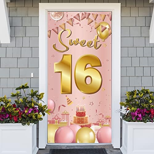 Sweet 16 Birthday Decorations Door Banner Benner, Feliz 16º aniversário decorações para meninas, Pink Gold Sweet Sweet Sixteen Decoration Photo Booth adereços, 16 de festas de aniversário Fabric Fabric 6ft x 3ft phxey