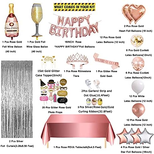 Rose Gold Birthday Party Decorações para mulheres-Incluindo a rainha do aniversário Tiara e Sash, Banner de Parabéns, Adeços de Fotos, Cortinas Fringas de Prata, Toel de Tabinha para Festas de Festa de Aniversário