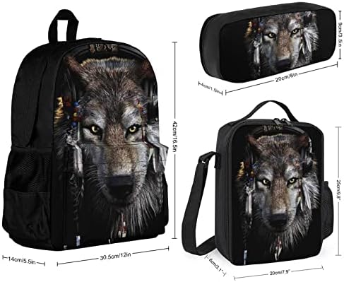 Backpack de lobo americano Americano Backpack Bag Box e Lápis Case 3 Peças para meninos Meninas Meninas Viagem da escola