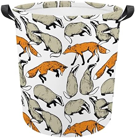 Badgers e raposas bonitas cestas de tecido redondo de lona de lavanderia com alças Bolsa de roupas de lavagem dobrável à prova