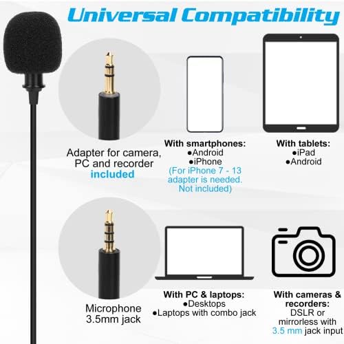 Microfone de lapela Lavalier de grau profissional para Motorola Moto E7 Compatível com Power com iPhone Phone ou Camera
