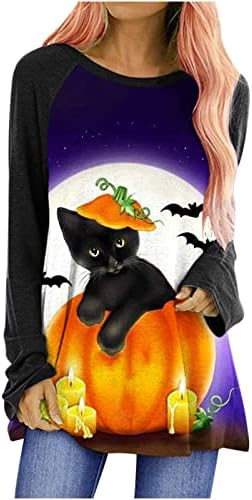 Tops de pescoço de barco roxo para mulheres de manga longa Festival de impressão de gato de pumpkin halloween casual kawaii tops engraçados tees adolescente