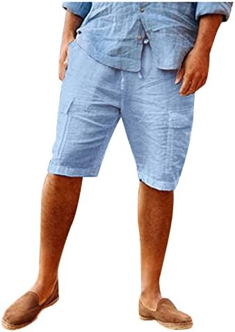 Shorts casuais de hehoah masculino, linho de linho de algodão sólido de algodão masculino, shorts de carga de bolso de bolso de praia