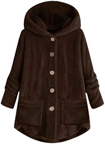 Jaquetas de lã difusas para mulheres, jaqueta de casacos de inverno para mulheres, botão com casaco de pelúcia com capuz
