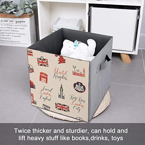Tema do Reino Unido e Londres com cubos de armazenamento de inscrições com alças de lixo dobrável de tecido organizando cestas para prateleiras armário