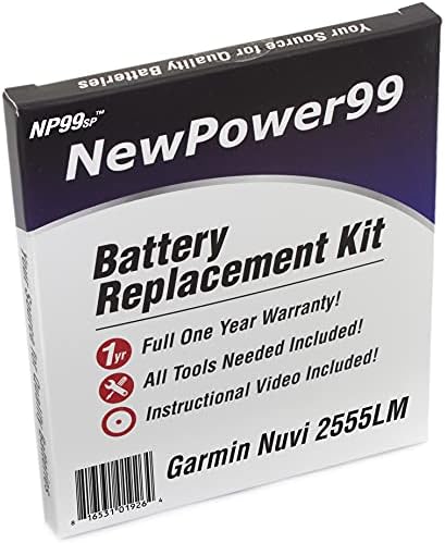 Kit de substituição de bateria NewPower99 para Garmin Nuvi 2555lm com vídeo de instalação, ferramentas e bateria de vida útil prolongada.