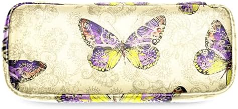 Padrão floral com bolsa de caneta de lápis de couro colorida com borboletas com bolsa de armazenamento com zíper duplo com zíper para o escritório de trabalho escolar meninos