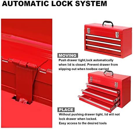 Big Red Antbd133-XB Torin 20 Portátil 3 gaveta Caixa de ferramentas de aço com fechamento de trava de metal, vermelho