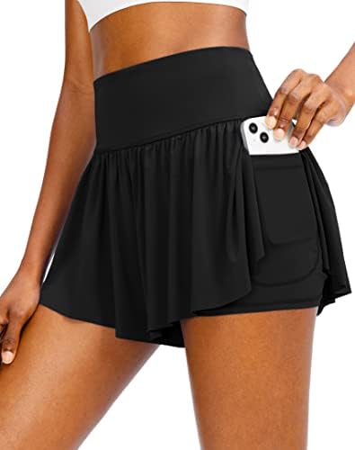 Shorts de corrida esvoaçante para mulheres com 4 bolsos 2 em 1 Coloque alta borboleta feminina Treino de tênis atlético shorts