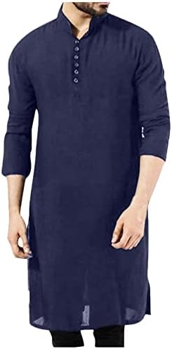 Butão de botão masculina Blusa Arábia Camisa Tops Tops de manga comprida Pullover de colarinho Blusa de túnica muçulmana sólida