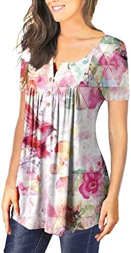 Túnica de manga curta feminina de Trebin Tops soltos casuais tops com túnica plissada de túnica casual floral de verão