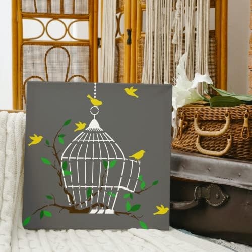 Pássaros voando em torno de gaiola e videira de verão elegante estêncil Melhores estênceis grandes de vinil para pintar em