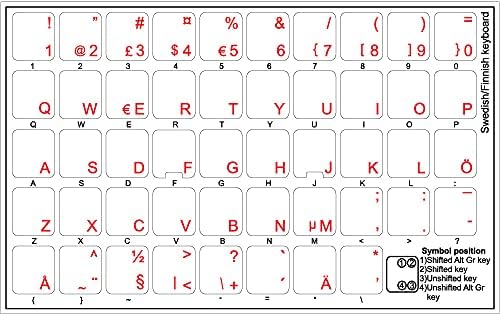 Swedish - etiquetas de teclado finlandês com letras vermelhas em fundo transparente