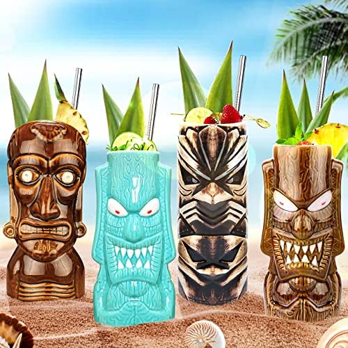 Canecas de óculos tiki para coquetéis conjunto de 4 xícaras de festa de cerâmica Tiki barra decoração de bar criativo