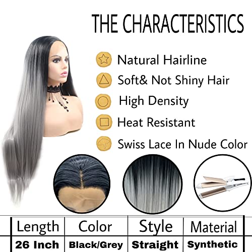 Rainahair Silver cinza Longo de renda longa perucas dianteiras com raízes escuras para mulheres perucas sintéticas com
